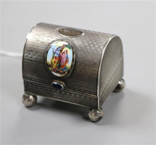 A continental engine turned 935 white metal and enamel domed ring box, with cabochon button, height 43mm.